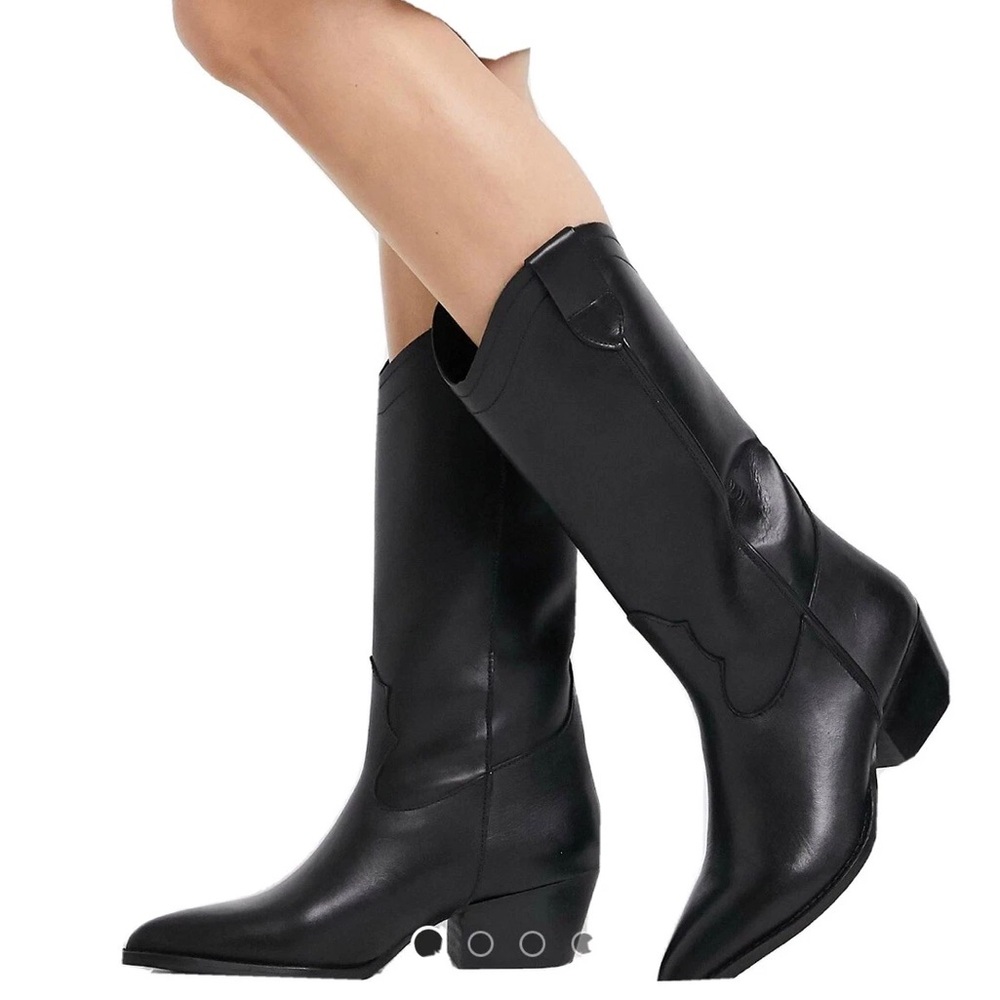 DEPP London Black Pointed Toe Block Heel Cowboy Boots Size 38